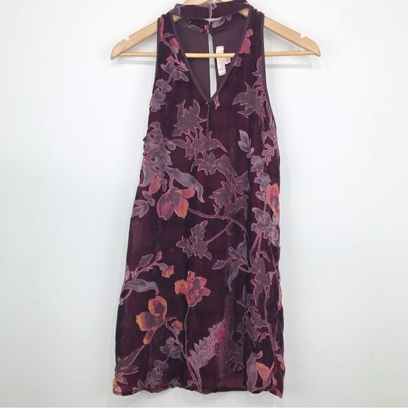 Band Of Gypsies Burgundy Dark Floral Sleeveless Burnout Chiffon Sheath Dress - Picture 1 of 14